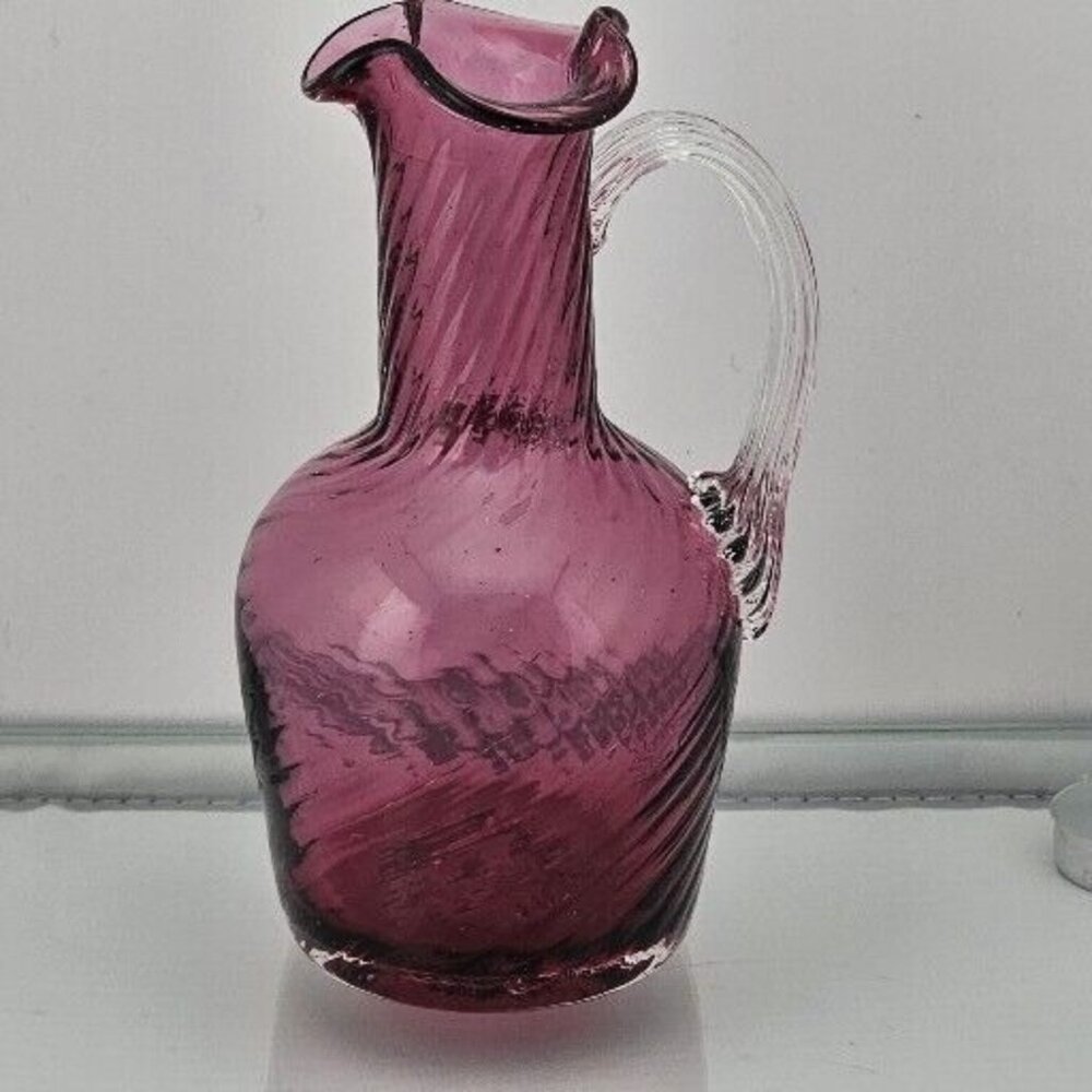 Pilgrim Cranberry Glass Vase Pitcher 5" ruffled rim swirl texture smooth pontil